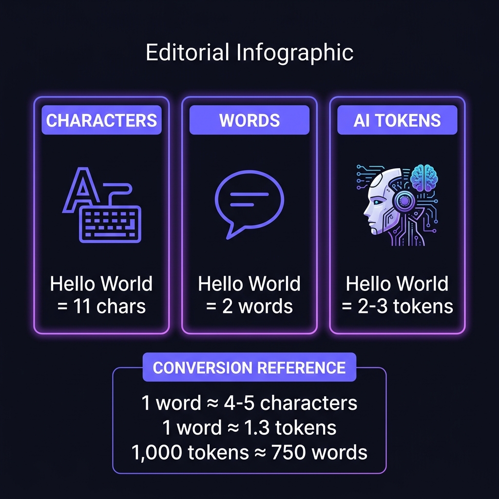 Comparativa visual: caracteres vs palabras vs tokens de IA con tabla de conversión: 1 palabra = 4-5 caracteres = 1.3 tokens