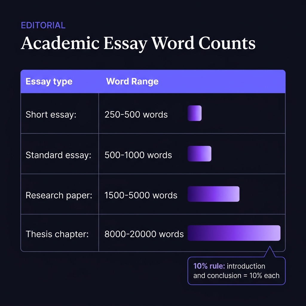 Tabla de tipos de ensayo académico y su rango de palabras: ensayo corto 250-500, estándar 500-1000, investigación 1500-5000, tesis 8000-20000