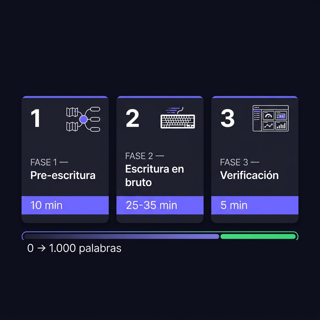 Sistema de 3 fases para escribir 1000 palabras al día: pre-escritura 10 min, escritura en bruto 25-35 min, verificación 5 min
