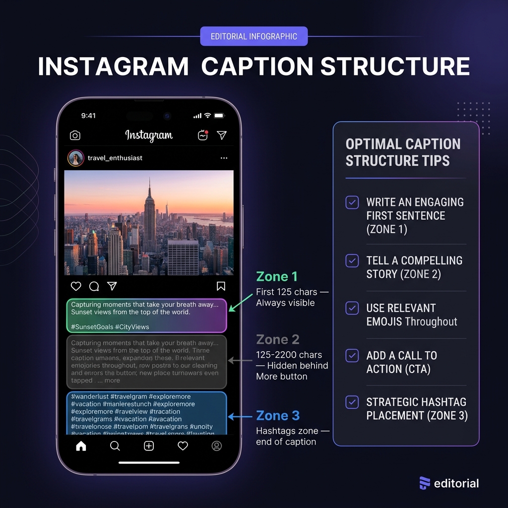 Estructura del caption de Instagram: zona 1 primeros 125 caracteres siempre visibles, zona 2 oculta, zona 3 hashtags