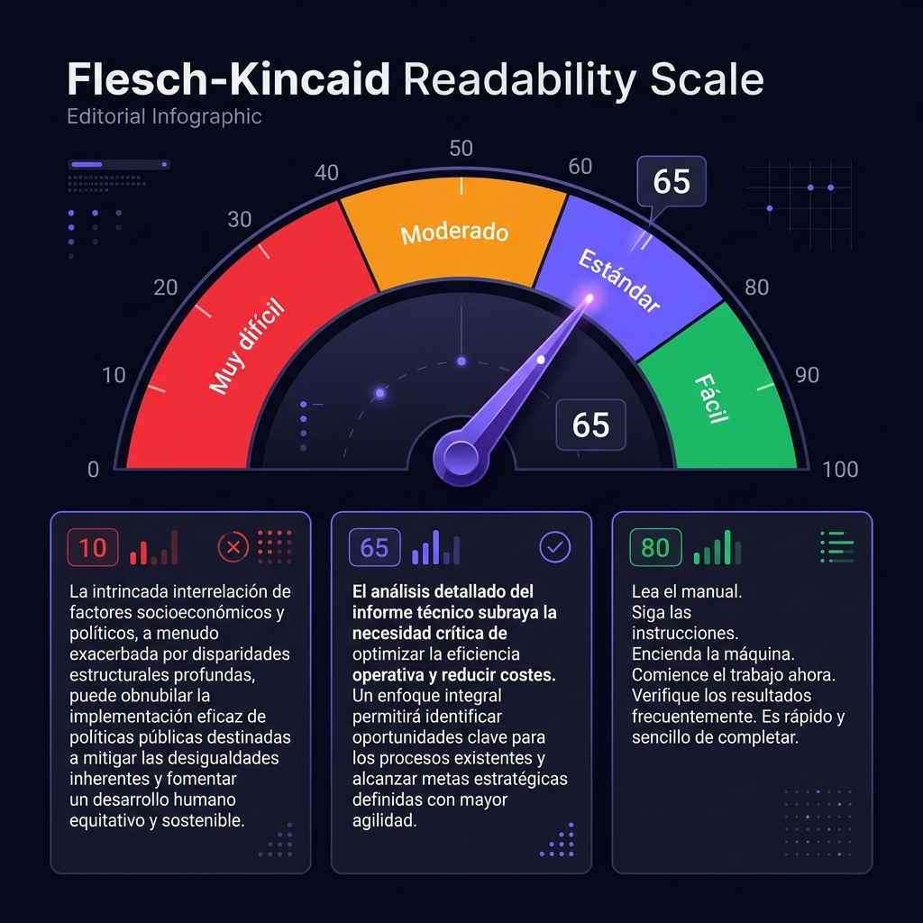 Flesch-Kincaid readability scale with color zones: red (very difficult), orange (moderate), purple (standard), green (easy) — gauge pointing to 65