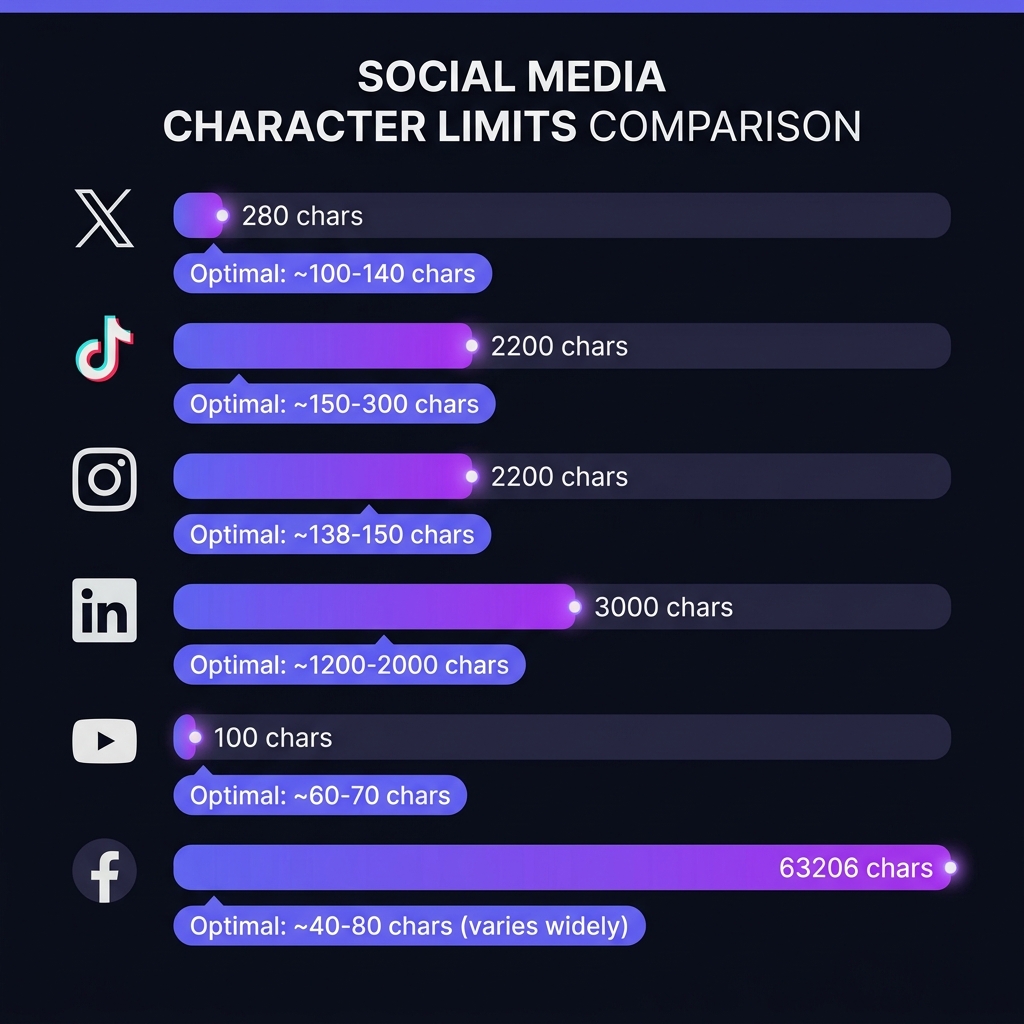 Gráfico comparativo de límites de caracteres en redes sociales: Twitter 280, Instagram 2200, LinkedIn 3000, TikTok 2200, YouTube 100