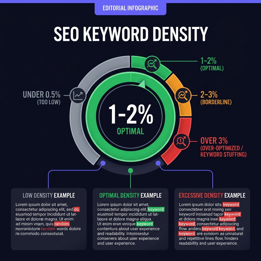 Dial de densidad de palabras clave SEO: bajo 0.5% gris, óptimo 1-2% verde, límite 2-3% naranja, excesivo +3% rojo
