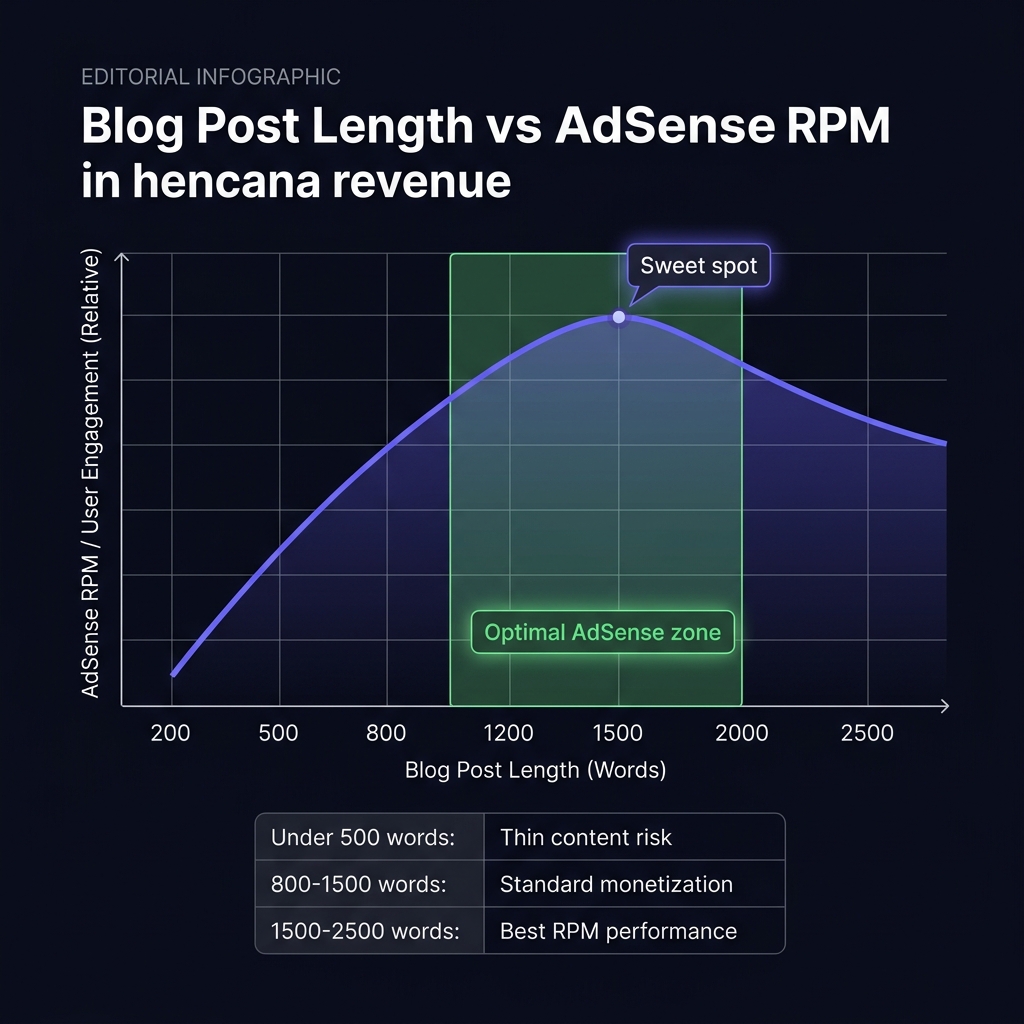 Gráfico de longitud de blog post vs RPM de AdSense con zona óptima entre 1000-2000 palabras marcada en verde