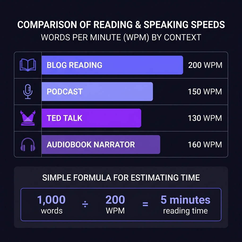 Comparativa de velocidades de lectura y locución: blog 200 WPM, podcast 150 WPM, TED 130 WPM, audiolibro 160 WPM