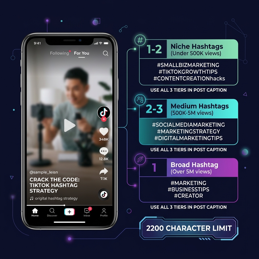 Estrategia de hashtags en TikTok en 3 niveles: 1-2 hashtags de nicho, 2-3 medianos, 1 amplio